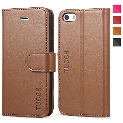 iPhone SE Case, TUCCH® Wallet Case for iPhone SE / iPhone 5s / iPhone 5, Flip Leather Wallet Cases Slim Folio Book Cover with Credit Card Slots, Cash Clip, Stand Holder, Magnetic Closure, Brown