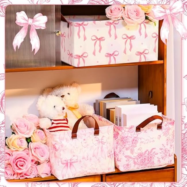 Boao 3 Pcs Pink Bow Storage Bin Coquette Collapsible Large Storage Baskets for Gifts Empty Candy Holiday Decor Canvas Laundry Basket Foldable Box with Handle for Office Home Bedroom Clothes