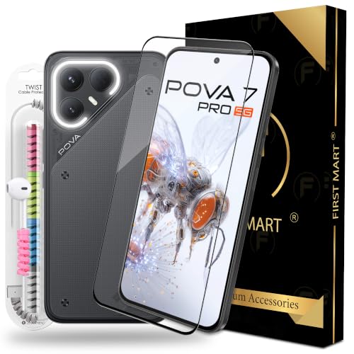 Image of FIRST MART Tempered Glass for Tecno Pova 7 Pro, 9H 0.3 mm Full-Glue Screen Protector with Cable Protector, 3D Edge-to-Edge, HD Clear, Case-Friendly, Black, Pack of 1