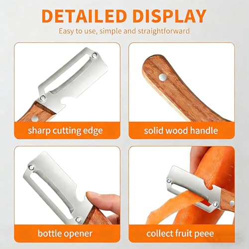 Zero Snag Wooden Peeler,Multi-Functional Vegetable Peeler for Kitchen,2026 New Stainless Steel Peeler with Wooden Handle and Bottle Opener,Kitchen Tool for Fruit Veggie Pumpkin,Gifts for Mom (2PCS) - Image 5
