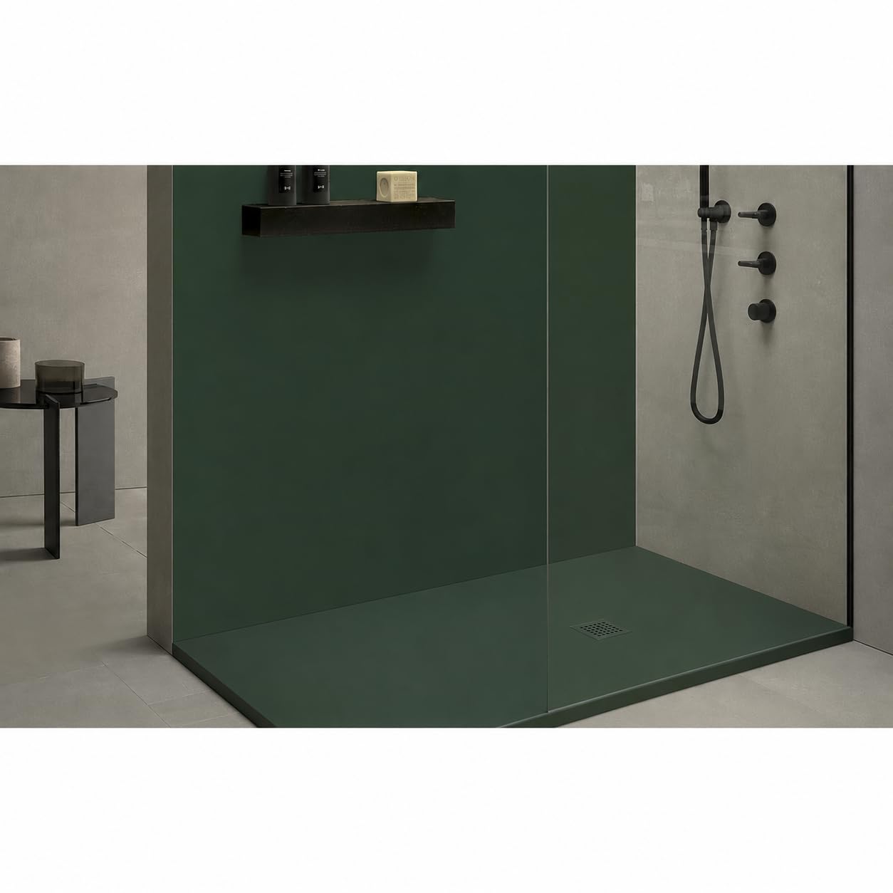 Plato de Ducha Liso Moderno, Verde Oliva RAL 6028, Resina con Cargas Minerales, 30mm, Válvula Sifónica Extraplana, Antideslizante. Varias medidas disponibles. (80 x 160 cm)