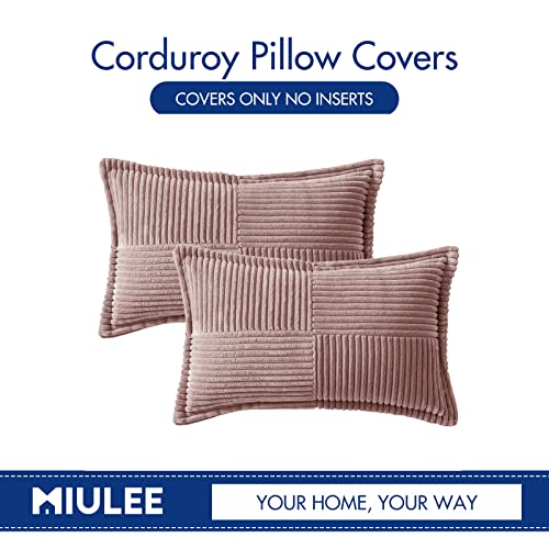 Image of MIULEE Spring Decorative Lumbar Throw Pillow Covers for Couch Bed Livingroom 12x20 Inch Set of 2 Blush Pink Boho Throw Pllows Broadside Striped Patchwork Soft Corduroy Pillowcases Valentine Decor