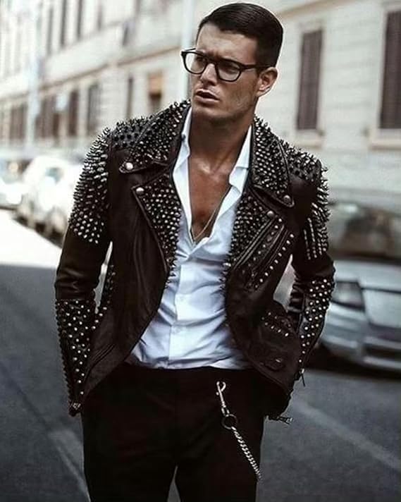 Men's Skull Printed Brando Rockstar Studded Leather Jacket - New Gothic Trending Punk Rock Handmade Motorcycle Skull Jacket3