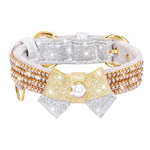 Image of Cat Collar, Dog Collar, [Bling Rhinestones][Cute Bow] PU Leather Adjustable Pet Collar for Cat and Small Dog Extra Small Silvery