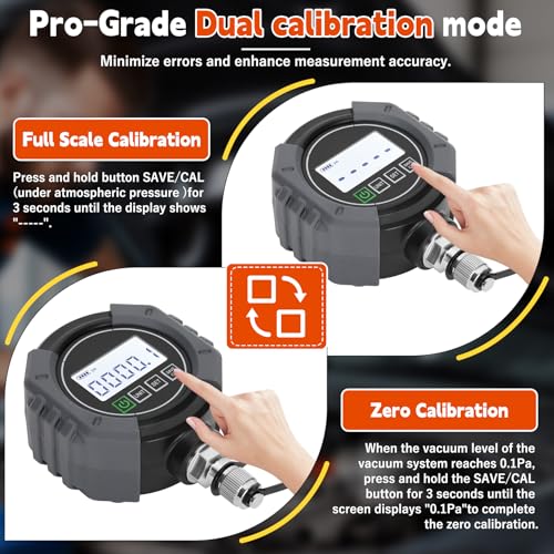 Image of Pro HVAC Micron Vacuum Gauge, Digital AC Micron Gauge 0-75000 Microns | Vacuum Tester with Alarm , LCD Backlit Display, 7 /16-20 UNF & 1 /4 inch SAE Ports, Includes T-Connector and Extension Adapter