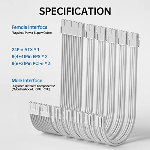 Asiahorse Power Supply Sleeved Cable, 16 Awg Psu Extension Cable Kit Of White Connector, 1X24Pin/2X4+4 Eps/3X6+2 Pci-E, 30Cm Length With Combs-White #TOP2