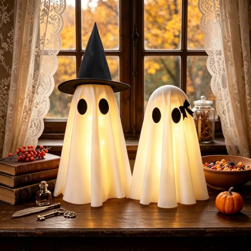 Halloween Decorations Indoor,Set of 2 Light-Up Ghosts Decor with Witch Hats - image 1