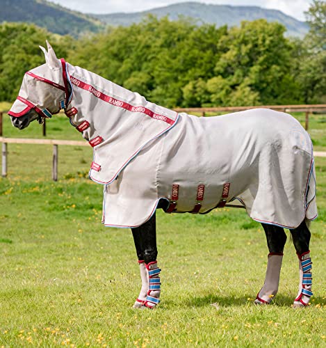 Image of Horseware Rambo Protector Fly Sheet with Disc Front Closure 0g - Oatmeal /Cherry & Peach & Blue, 66 inches
