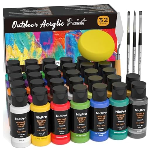 Nicpro 32 Colors Outdoor Acrylic Paint Bulk with Brush and Sponge, Knife, Non-Toxic Paint for Multi-surface Rock, Wood, Fabric, Leather, Crafts, Canvas, Shoes and Wall Painting