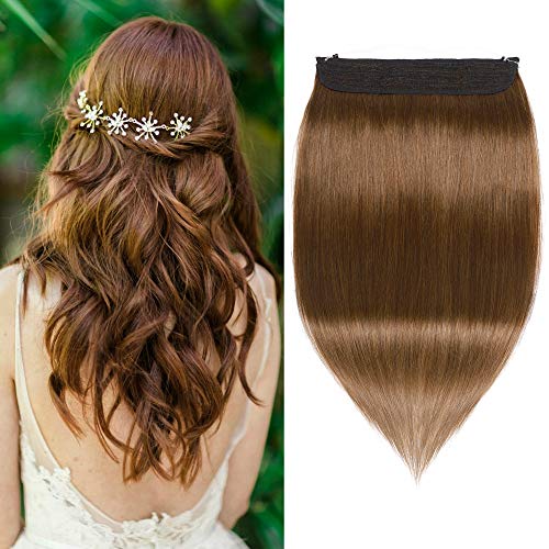 S-noilite Secret Wire in Human Hair Extensions 100% Real Remy Hair Extension Invisible String 16" 90g One Piece Double Drawn Fish Line Extensions for Women Gifts #6 Light Brown