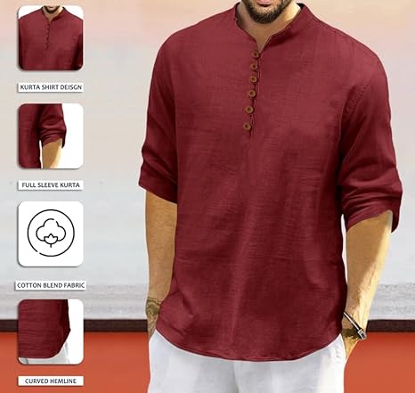ROYALSCOUT Men's Cotton Polyester Blend Solid Regular Fit Full Sleeve Short Kurta | Ethnic, Lightweight Summer Kurta for Daily & Occasion Use - Image 2