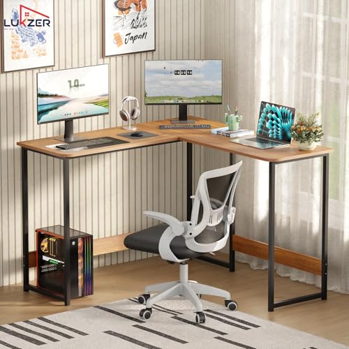 Image of Lukzer Engineered Wood L-Shaped Corner Study and Computer Laptop Table for Home or Office | MST-007 /Black & Oak Brown | Multi-Functional Gaming Station and WFH Desk with Metal Frame