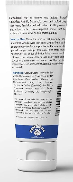 Squishface Wrinkle Paste - Bulldog, French Bulldog, Pug, English Bulldog Cleans Wrinkles, Tear Stain, Tail Pockets, and Paws Anti-Itch Tear Stain Remover & Bulldog Wrinkle Cream, 2 Oz.