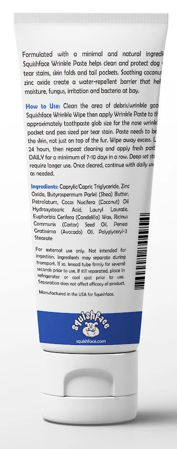 Squishface Wrinkle Paste - British Bulldog, French Bulldog, Pug, English Bulldog – Cleans Wrinkles, Tear Stain, Tail Pockets, and Paws – Anti-Itch Tear Stain Remover & Bulldog Wrinkle Cream, 2 Oz.