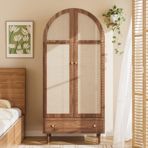 Merax Armario de estilo rústico 79 x 50 x 175 cm – Moderno armario vintage de madera con puertas de tela y cajones – vestidor/armario para dormitorios y habitaciones de invitados