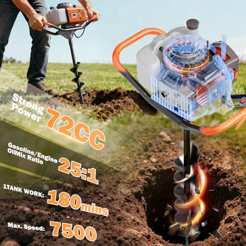 Image of Upgraded 72CC Gas Auger w / 3 Bits(4 inch 6 inch 8 inch) & 3 Extenders(8 inch 12 inch 20 inch)