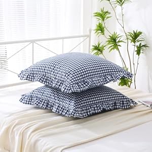 2 pack navy blue white plaid ruffle euro shams pillow covers 26×26 inches 100 cotton gingham checkered farmhouse shabby pillowcases for bedsofa 26×26 inches navy bluewhite plaid  urban country home decor