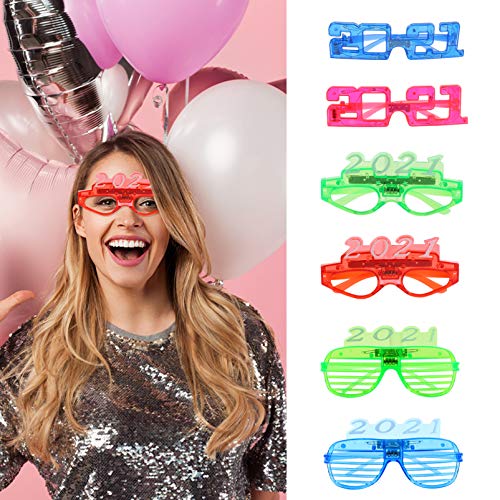 Amosfun — Óculos de sol Happy New Year com 6 peças que acendem para festa de ano novo 2021 com fenda