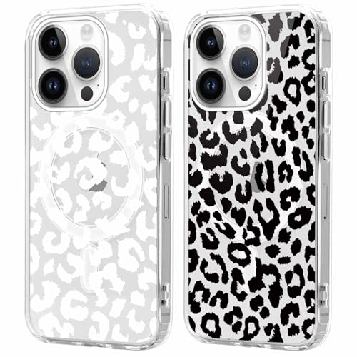 2 Pezzi Cover Magnetica per iPhone 14 Pro Leopardato Aesthetic Disegni Trasparente Custodia Compatibile con MagSafe Antiurto Bumper Protettiva Case per 14 Pro 6.1 pollici silicone tpu