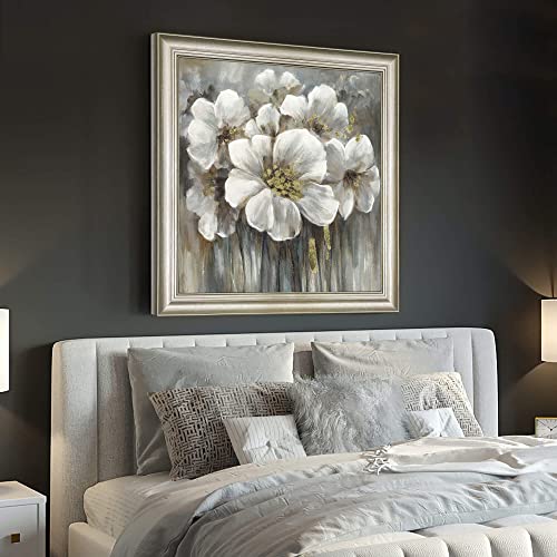 Flower Framed Abstract Wall Art: Bedroom White Lily Canvas Painting Modern Blossom Floral Artwork With Golden Foil Elegant Nature Picture Large Botanical Prints For Bathroom Office Living Room #TOP2