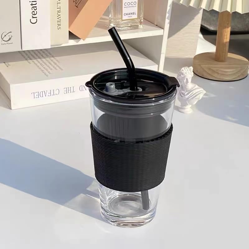 Bicchieri Vetro CNKHDZ Con Coperchio - 2 Pezzi 600ml, Cannuccia Inclusa, Impermeabili Cannuccia Inclusa 600ml