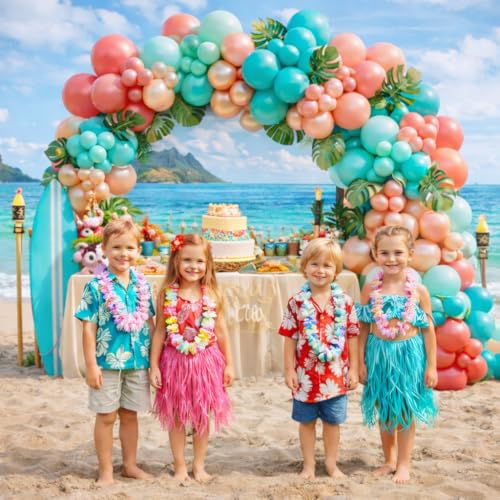 Image of Hawaiian Tropical Balloon Garland Arch Kit,Coral Beach Birthday Decorations | Pearl Aqua Blue Teal Blue Coral Blush Pink Pearl Champagne Gold Balloons for Summer Pool Luau Magic Theme Party Decor