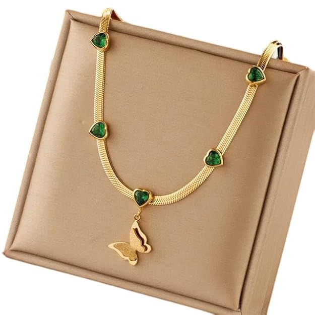 Gold Butterfly Pendant Necklace for Women | Green Heart Stone Chain | Lightweight Premium Fashion Jewellery | Adjustable Korean Style Necklace | Gift for Girls & Women | Birthday, Anniversary & Valentine's Gift-picture-22