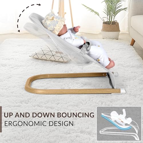SeedFuture Baby Bouncer, Portable Baby Bouncer Seat for Babies 0-12 Months with Wood Grain Base Natural Vibrations, Grey
