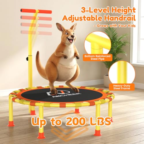 Image of ANCHEER 38 inch Toddler Trampoline for Kids, ASTM Certified Foldable Mini Trampoline with Adjustable Foam Handle, Indoor & Outdoor Kids Trampoline, Quiet Design, 200 LBS Capacity, Easy Assembly