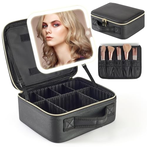 鏡付きメイクボックス 化粧品収納ボックス コスメボックス 化粧ケース 調節可能な仕切り付き 取り外し可能なライト付きミラー 3色調節可能なLEDライト メイクブラシケース付き 自立式 ハンドル付き 通勤・出張・旅行用 (ブラック, 横26.5cm x 縦26.5cm)