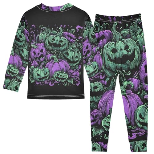 Fustylead Halloween Green and Purple Color Pumpkin Long Sleeve Top and Matching Bottom Cotton Pajama Sets2