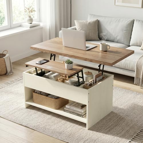 Manora Mesa de Centro Elevable y Extensible, Mesita de Salón o Comedor con Compartimentos Ocultos y Estante Abierto, Medidas: 100cm x 50cm x 43.5cm, Blanco y Roble