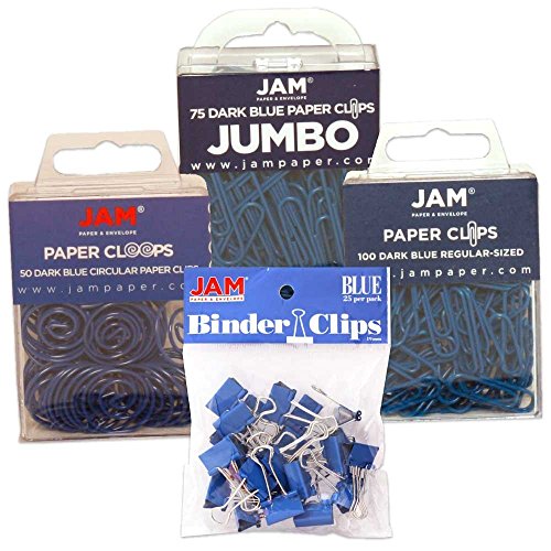JAM PAPER Office Clip Assortment - Blue - (1) Binder Clips (1) Round Paper Cloops and (2) Paper Clips (Regular & Jumbo) - 4/Pack