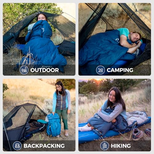 ATEPA Down Sleeping Bag for Adults, Lightweight 30°F 40°F Cold Weather 3 Season Backpacking Sleeping Bag, with Wearable Rectangle Wide Design & Compression Sack for Hiking Camping, Navy
