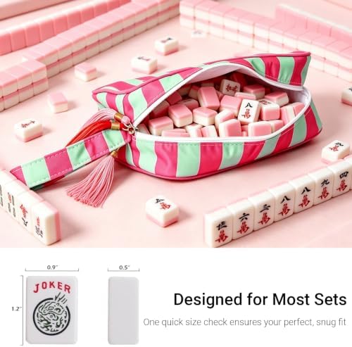Mahjong Tile Bag with Handle - Striped Case for 166 American Tiles (1.2"), Embroidered Design with Plush Interior & Tassel Zipper, Portable Game Night & Travel Organizer (Bag Only, Tiles Not Included) - 1