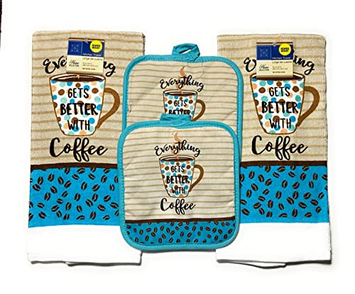 Home Collection Set of 2 Coffee Themed Dish Towels and 2 Pot Holders
