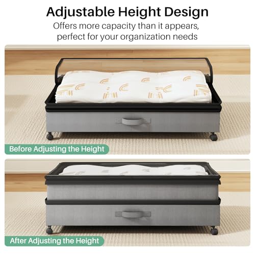 Image of Kitstorack 4 Pack Height-adjustable Under Bed Storage with Wheels, Under Bed Storage Containers,Under Bed Shoe Storage Organizer with Clear Window&Label, Suitable for Clothes Storage, Gray
