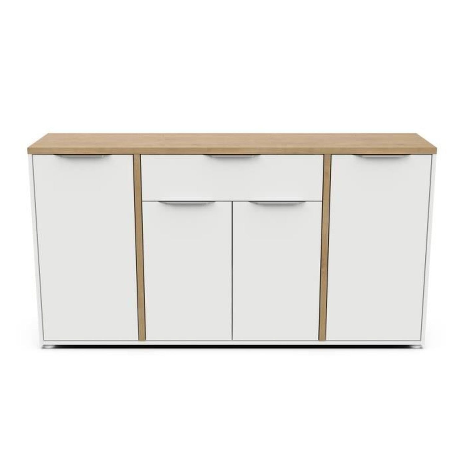 Buffet Moderne 4 Portes & 1 Tiroir – Style Scandinave – Coloris Blanc Mat & Chêne Hamilton - 160,7 x 39,6 x 85,6 cm