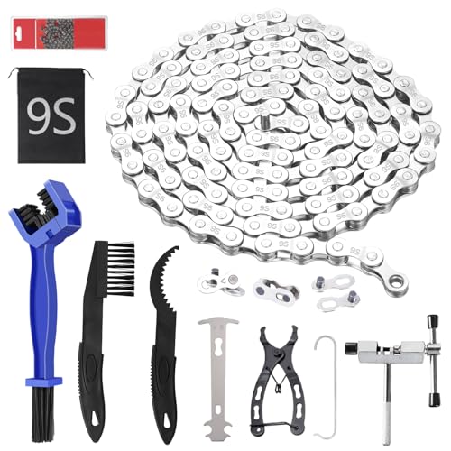 9 Fach Fahrradkette Kettennieter Fahrrad Werkzeug Set Silber Kette Bike Chain für Rennrad Mountainbike, Schaltungskette mit Kettenschloss Zange Kettenbrecher Kettenprüfer Reinigungsbürste