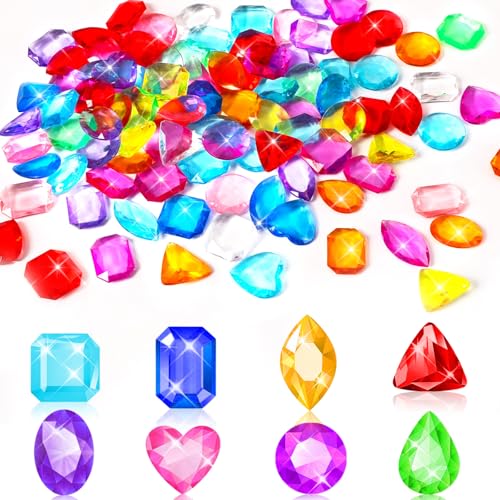 MARFOREVER 100 Pcs Toy Gems Pirate Treasure Jewels Acrylic Gems Colorful Plastic Bling Diamonds Pool Diving Gemstones for Vase Filler Summer Beach Toys Party Table Scatters Decor Gift Filling Favors