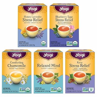 Yogi Tea Stress Relief & Relaxation Variety Sampler - 16 Bags per Pack (5 Packs) - Organic Relaxing Tea Sampler Set - Calming, Comforting Chamomile, Relaxed Mind & More
