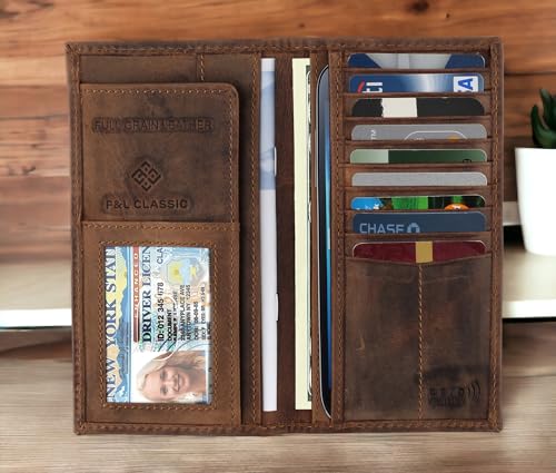 Image of F&L CLASSIC Men's RFID Vintage Look Genuine Leather Long Bifold Wallet Checkbook Wallets, classic brown with skull embossment, Bi-fold Full Grain Leather Checkbook Wallet