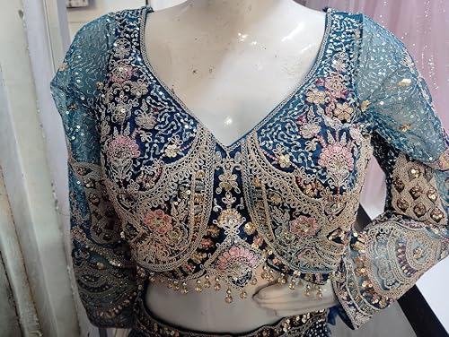 Image of Embroidered Bridal Lehenga Choli Set, Teal Blue, Floral Embroidery, with Dupatta, for Weddings and Festive Occasions