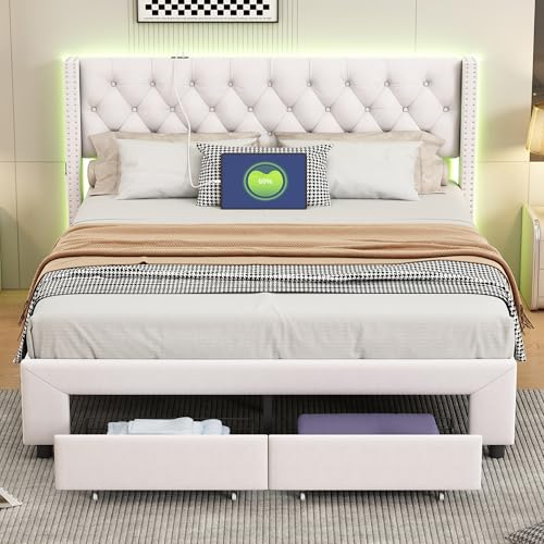 PerGar Polsterbett 140x190 mit 2 Schubladen, Bett mit Stauraum, LED Lichtstreifen, Beiges Samt Schubladenbett mit USB-Ladeanschlüssen und...