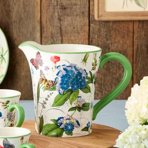 Greenhouse 112-Ounce Ceramic Pitcher, Vibrant Floral Design with Butterflies & Dragonflies, Durable & Multi-Purpose, Perfect for Serving Drinks or as a Decorative Vase, Elegant Gift Idea by Certified International - Image 2