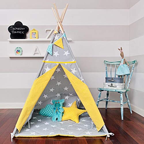 Nyra Decor Portable theme Teepee Tents With Padded Mat And Cushions Kit With Bag For Ages 1 And Up- Grey Star, Yellow