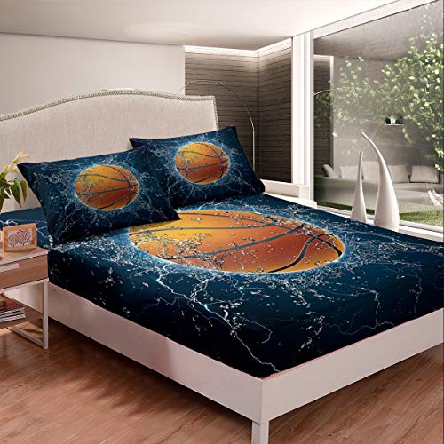 Loussiesd Basketball Bed Sheet Set Sports Theme Bedding Set 3D Ball Pattern Fitted Sheet for Children Kids Boys Teens Microfiber Gift for Basketball Player Bed Cover Room Decor Double Size