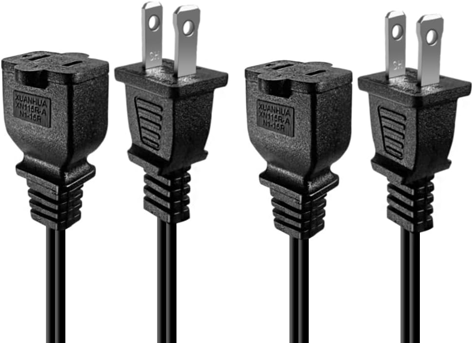 2 Pack US 2 Prong Extension Cord 125V 10A 2-Prong 2 Outlets Polarized for NEMA 1-15P to NEMA 1-15R