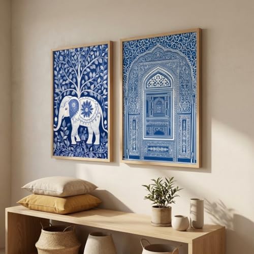 Image of Livin'luxe Set of 2 Blue Elephant Arch Wall Paintings for Living Room Bedroom Home Decor with Premium Wooden Color Synthetic Frame (13.5 x 19.5 Inch) NM02-59