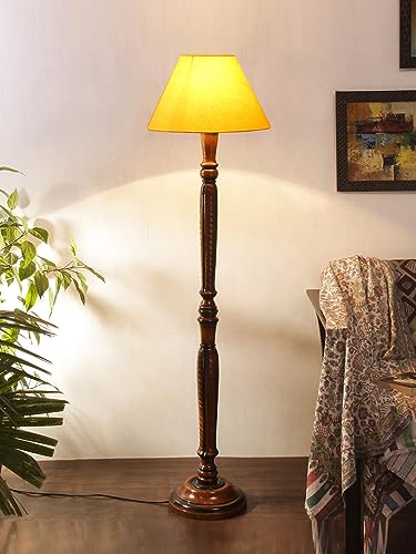 Image of Devansh Yellow Cotton conical Wooden Floor lamp -20